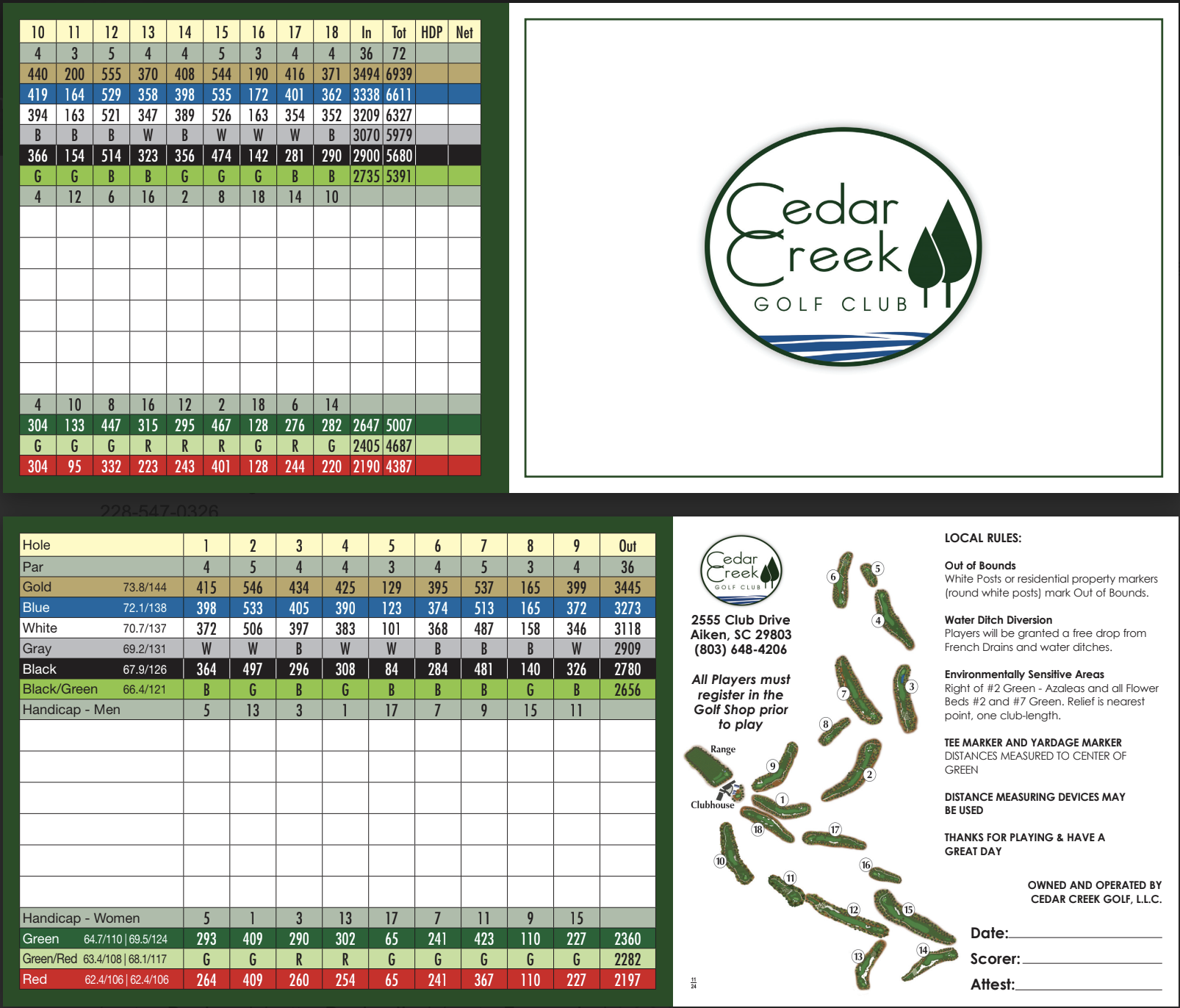Scorecard Cedar Creek Golf Club Aiken South Carolina